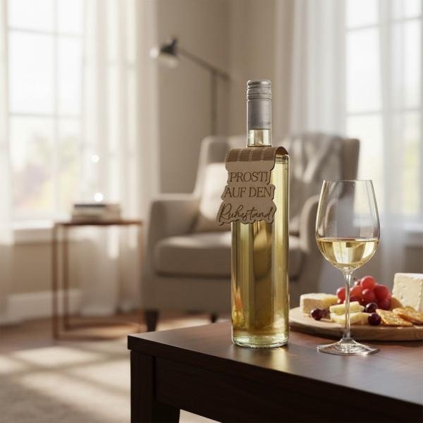 Handgefertigter Flaschenanhänger aus Birkenholz mit gelaserter Gravur zum Ruhestand, dekorativ an einer Weinflasche angebracht.